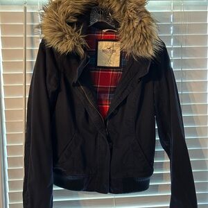Hollister Women's Navy Blue Bomber Jacket with Tan Faux Fur